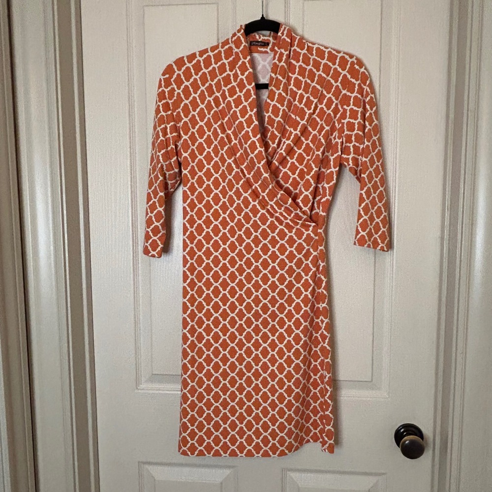 J McLaughlin Orange‎ White Geometric Print Wrap Knit Dress Size Small 3/4 Sleeve
